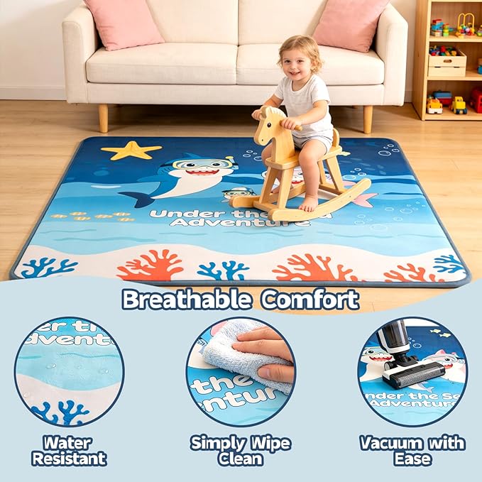 RONGFA Baby Play Mat for Floor, 71'' x 59'' Thicken Foam Soft Padded Playmat for Tummy Time, Playpen Mat for Toddlers Infant Kids, Water-Repellent Coral Velvet, Non-Slip Bottom Safe for Crawling (SEA)