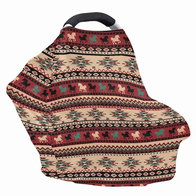 Native Running Horse Baby Stuff Car Seat Cover for Baby Carseat Covers for Girl Boy Stretchy Soft Breathable Breastfeeding Infant Car Seat Canopy Carrier Cover