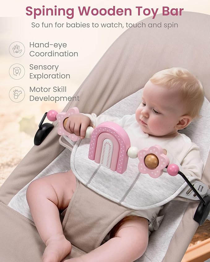 TinlyFinly Baby Bouncer Toy Bar Wooden Compatible with Baby Bjorn Bouncers, Bouncer Toy Attachment, Tight and Secure Fit, So Fun to Watch, Touch and Spin for Babies All Ages (Pink Rainbow)