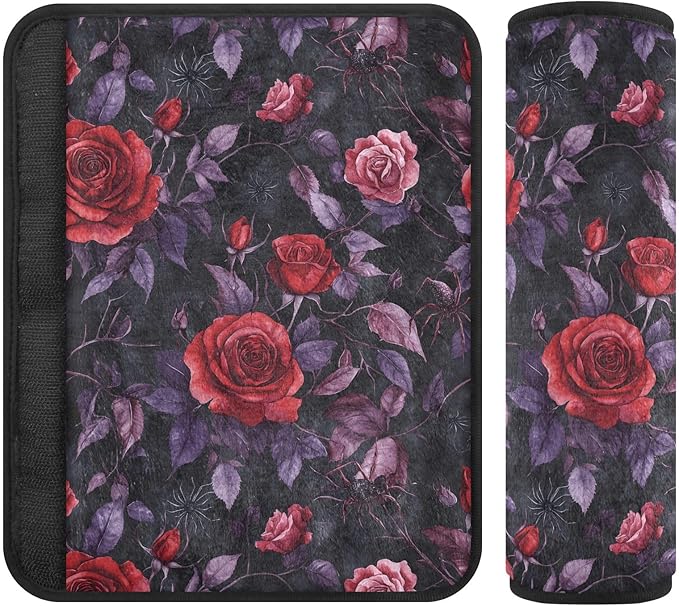 CHIFIGNO Red Roses Purple Leaves Seat Belt Cover Pad Pack of 2 Seat Belt Strap Cover Universal Car Seat Shoulder Strap Pads for Adults Women Kids