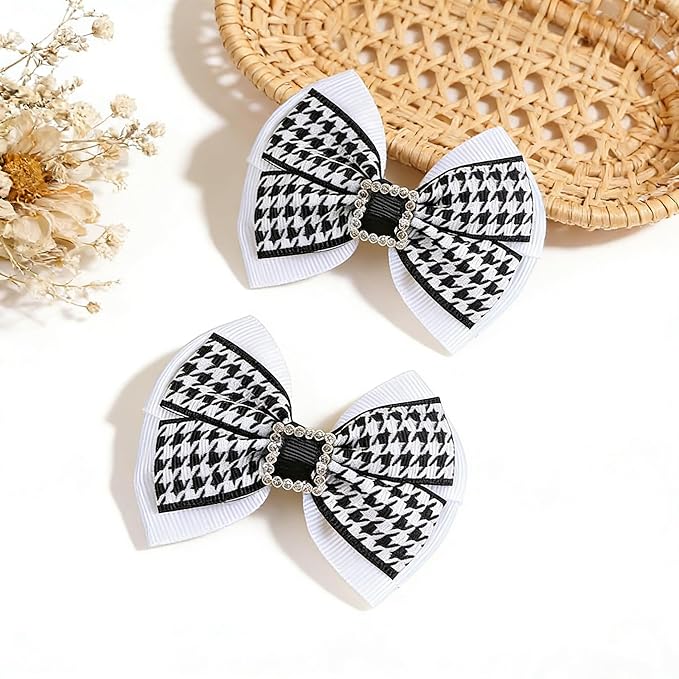 2PCS Baby Girl Dog Gift Wrap Hair Bow Clips Barrettes Houndstooth Hair Bow Clips with Rhinestone Buckle Black and White Fabric Bow Hair Accessories for Little Girls Toddler Kids Teens