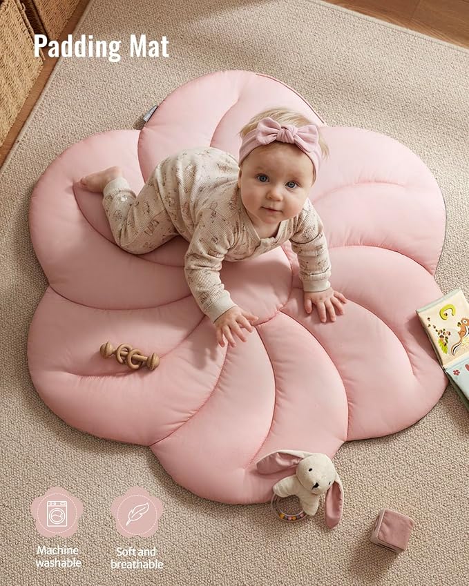 Blissful Diary Baby Play Gym Mat, Tummy Time with 6 Detachable Toys for Sensory & Motor Skill Development, Baby Activity Mat for Girl Boy Newborn Essentials Shower Gift, Pink Floral
