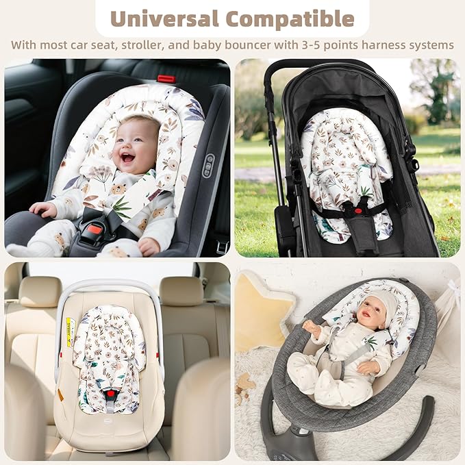 2-in-1 Infant Car Seat Insert, Upgraded Newborn Carseat Insert, Breathable & Soft Baby Car Seat Head Support with 2 Strap Covers for Girls, Perfect for Carseat, Stroller, Swing, White Animals