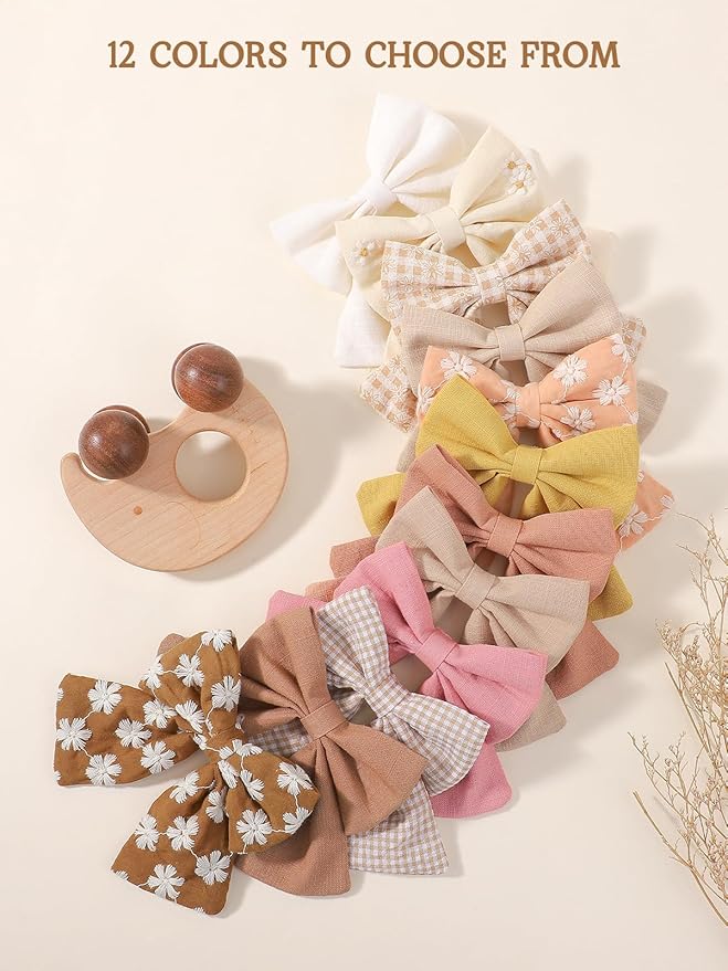 12PCS Baby Girls Hair Clips Fable Hair Bows Cotton Linen Bows for Girls Hair Accessories for Baby Toddlers Kids Neutral Color