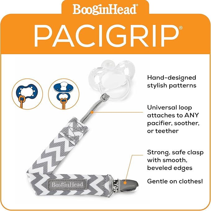 BooginHead Baby Newborn PaciGrip Pacifier Clip, Chevron Gray