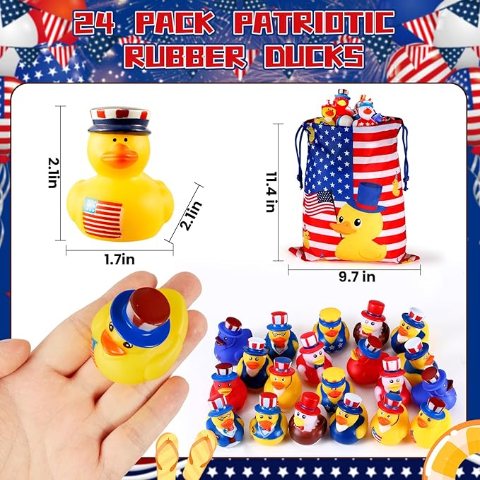 SCIONE 24PCS Patriotic Rubber Ducks, 4th of July Bulk Rubber Ducks for 4th of July Party Favors, Mini Duck for Cruise Ships Baby Showers Bath Toys Kids Party Favors Birthday Gifts