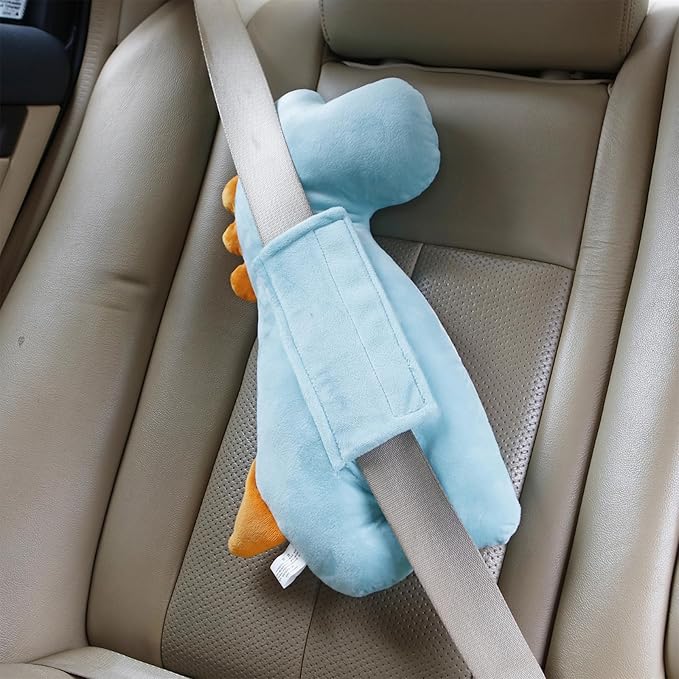 PandaEar Car Seat Belt Covers for Kids - Ultra Soft Machine Washable Dinosaur Seatbelt Pillow - Universal Shoulder Pad for Car Seats, Booster Seats & Strollers - Neck & Head Support for Travel (Blue)