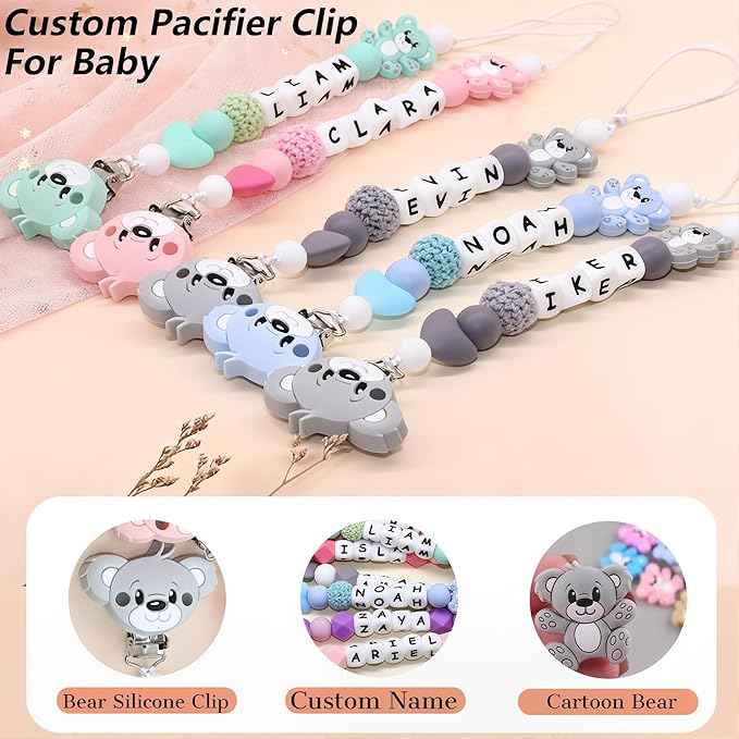 Custom Silicone Bead Personalized Pacifier Clip with Name for Baby, Customized Pacifier Clip Fits All Pacifiers (Bear.)