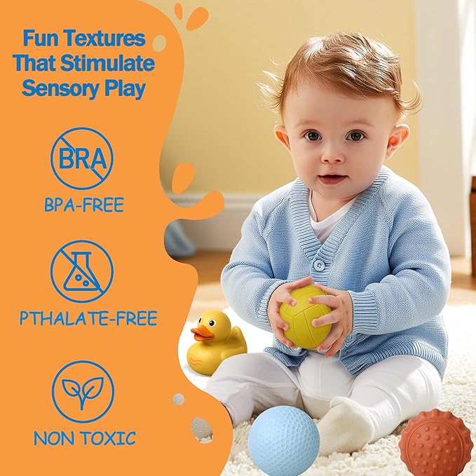 Baby Bath Toys 6-12 Months, 9 Pcs Wheat Straw Sensory Balls & Ducks, No Hole Floating Toddler Bath Toys, for Boys & Girls 1-3, Textured Squeeze Stress Relief Montessori Set