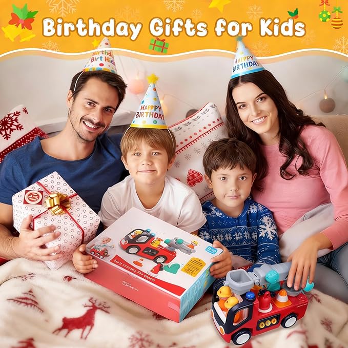 Yunaking Fire Truck Toys for 2 Year Old Boys Girls Montessori Early Educational Learning Toy with Firefighting Tools Baby Push Cars for 2 3 Year Old Boy Birthday Gifts with Sound Lights Effect