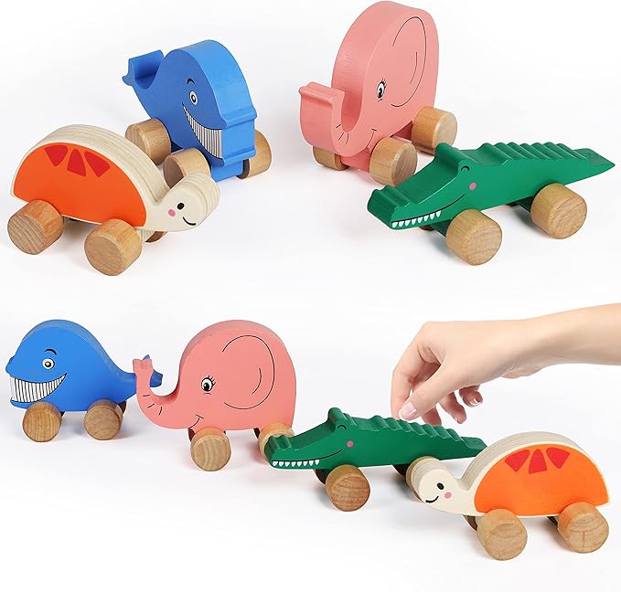 TOWO Wooden Cars for Toddlers - Animals on Wheels - Vehicles Sensory Grasping Motor Skill Toy –Push and Go First Trucks for Baby 12 Months 1 Year Old