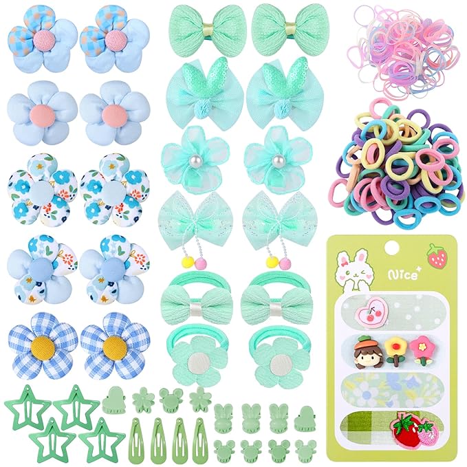 400 Pcs Baby Girls Hair Accessories Set,Baby Girls Hair Ties,Flower Bows Rubber Bands,Hair-friendly Hair Clip,Soft Elastic Hair Bands,Claw Clip(Green)
