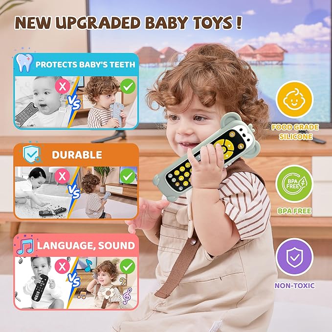 KIRALUMI Baby Remote Control Toy with Monkeys Silicone Cover - Educational Musical Baby Toddler Toys with Realistic Play, Lights, and Sounds - 6, 9, 12, 18 Month Boys Girls Toys Gift