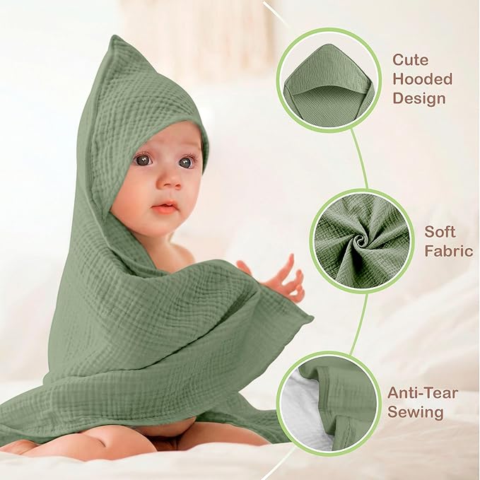 100% Organic Cotton Muslin Baby Hooded Towels 32x32 Inch – 2 Pack Soft & Absorbent Baby Hooded Towel Wrap for Boys & Girls, Premium Hooded Towels, Gentle Baby Essentials in Deep Green/Floral