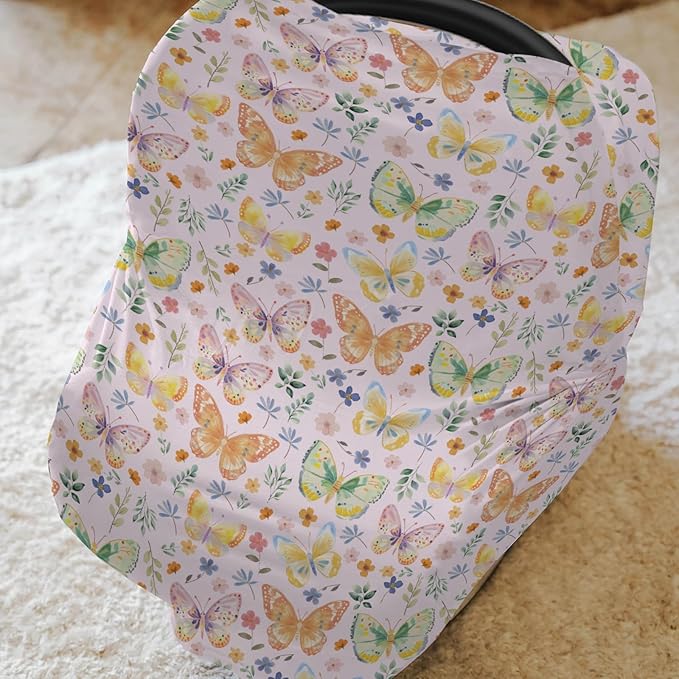 Watercolor Butterflies Spring Floral Baby Car Seat Covers Pastel Flowers Leaves Stretchy 5-in-1 Cover Adjustable Infant Carseat Canopy Cover Easter Garden Breathable Nursing Cover-Up Pink