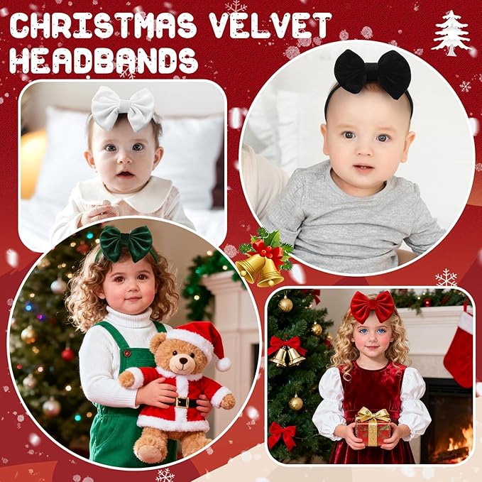 4 Pcs Velvet Baby Bow Headbands, Christmas Newborn Headband Bows Nylon Handmade Hair Accessories for Baby Infants Toddlers Child