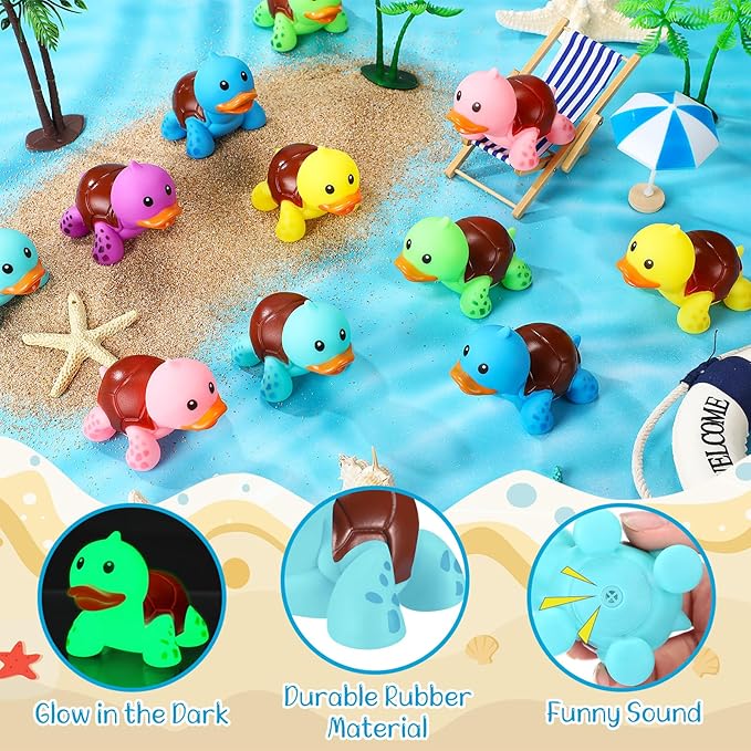 HyDren 50 Pcs Rubber Turtle Duck Glow in The Dark Cute Duck Bulk Mini Squeaky Rubber Toys Floating Bathtub Favors Gifts for Sea Carnival Valentine's Day Beach Party Decor(6 Colors)