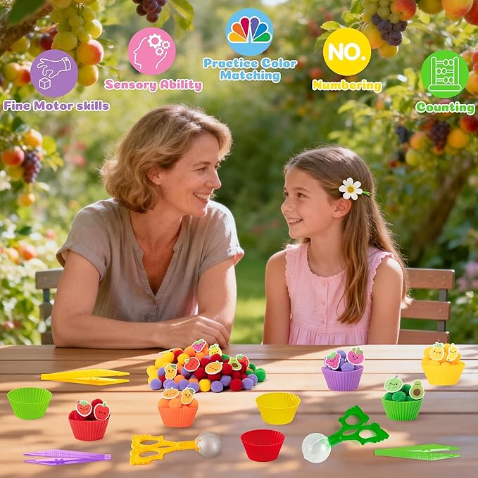 EZdhuawuse Summer Sensory Bin Fillers - 268P Summer Fruit Fine Motor Toys Counting Sorting for Kids, Color Sorting Set with Felt Banana Pom Poms Cup Clip for Preschool Education Birthday Party Favors