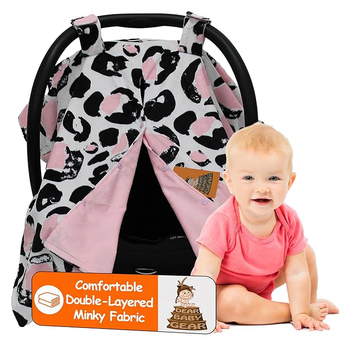 Dear Baby Gear Car Seat Canopy, Pink and Black Cheetah Print on White, Lightweight Double Layer