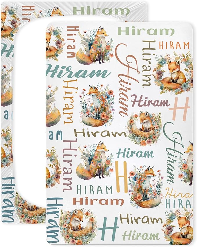 Personalized Name Pack and Play Sheets for Baby Girls Boys, Customized Stretchy Pack n Play Sheets with Name, Custom Cute Fox Mini Crib Mattress Sheets, Soft Breathable Playard Sheets Playpen Sheet