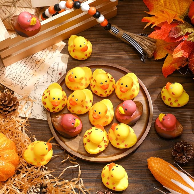 Jerify Thanksgiving Rubber Ducks 2 Inch Fall Rubber Duck with Turkey Leaf Pumpkin Nut Patterns Small Ducks Bathtub Bathing for Holiday Autumn Table Centerpiece Party Supplies, 4 Styles(48 Pcs)