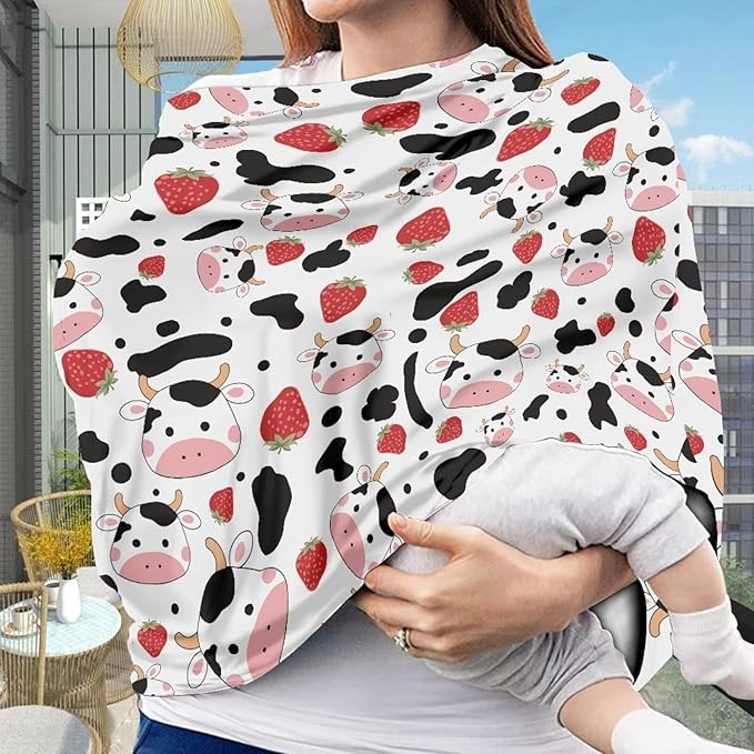Wanyint Cow Strawberry Print Stretchy Nursing Scarf Car Seat Canopy Baby Car Seat Cover, Baby Breastfeeding Stroller High Chair Shopping Cart Cover, Breathable Nursing Cover for Boys Girls