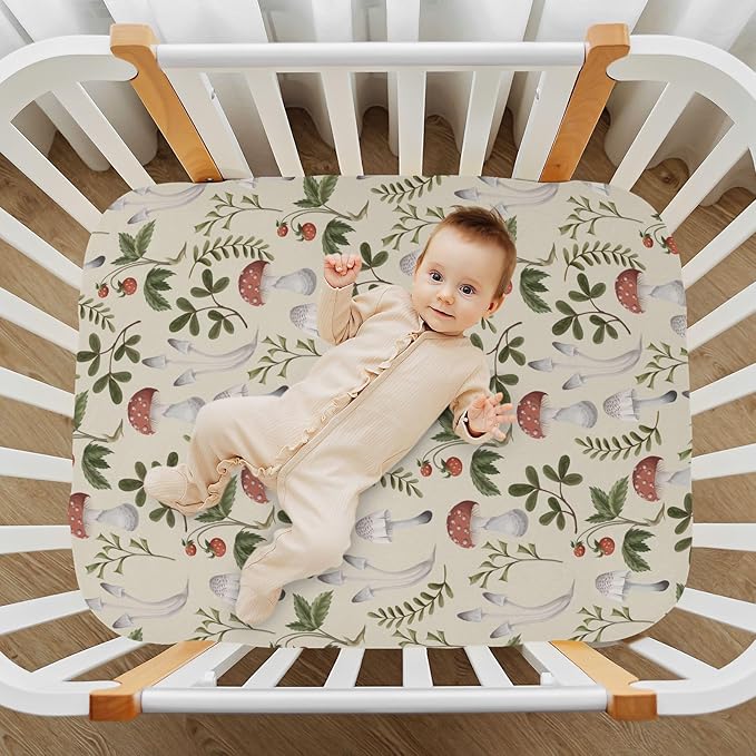 Fitted Crib Sheets Mushrooms Fall Leaves Stretchy Portable Playard Sheets for Baby Toddler, Breathable Soft Mini Crib Mattress 39 x 27 in for Boys and Girls
