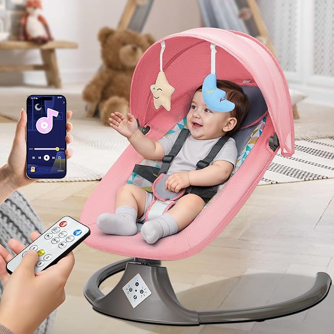 Electric Baby Swing for Infants,Multifunctional 3-in-1 Rocker,5-Speed Adjustable,Remote Control,10 Melodies,5-Point Harness,for Infants Up to 30 lbs, Up to 12 Months Easy Assembly (Pink)