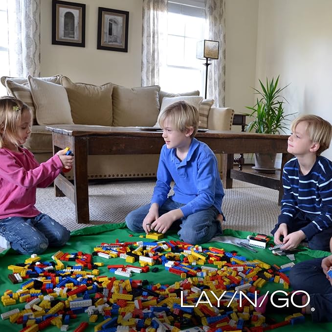 Lay-n-Go Layflat Portable Drawstring Cinch Storage Toy & Mini Figures Organizer & Play Mat, Mesh Pockets, Home & Travel, Kids & Toddlers Playdates, 2 Straps for Backpack, Durable, Machine Washable