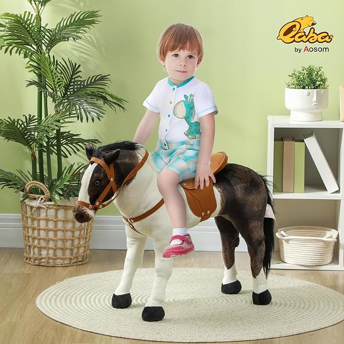Qaba Ride on Horse for Toddlers 3-8 Years Old, Riding Horse with Neighing Sound, Stuffed Animal Horse Toy for Kids with Padding, Brown