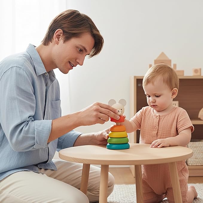 PlanToys® Mouse Stacking Ring Wooden Montessori Size and Colour Sorting Toy | Fine Motor, Coordination and Early Math Learning Activity | Eco Friendly Educational Stacking Toy