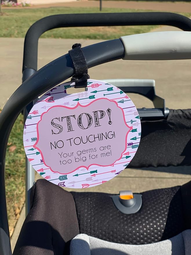 Three Little Tots Two Pack - Pink Arrow No Touhing Baby Car Seat and Stroller Signs - CPSIA Safety Tested