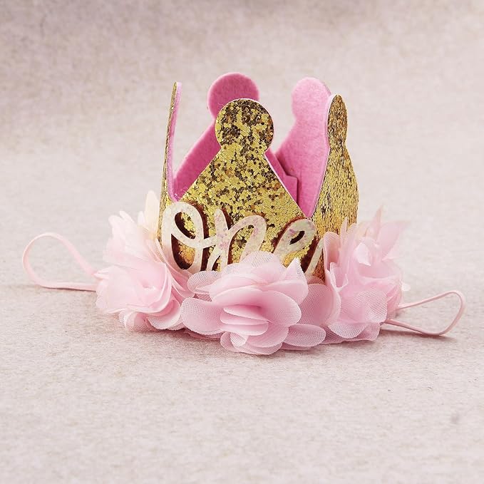 Nishine Gold Glitter Crown Headband Pink Flower Crown Tiara Hairband for Baby Birthday Party Supplies Photo Props (Chiffon&One)