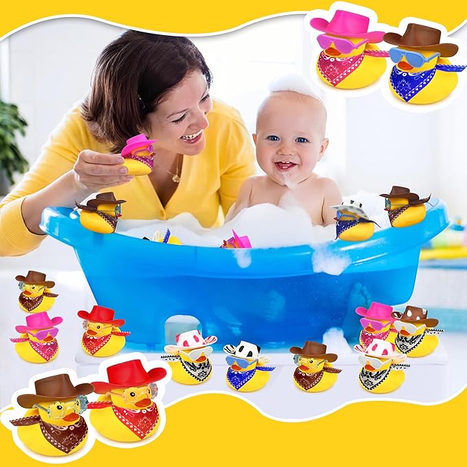 12 Sets Cowboy Ducks with Mini Hat Scarf and Sunglasses Mini Bath Duck Toys for Birthday Swimming Party Gift Favor Decorations