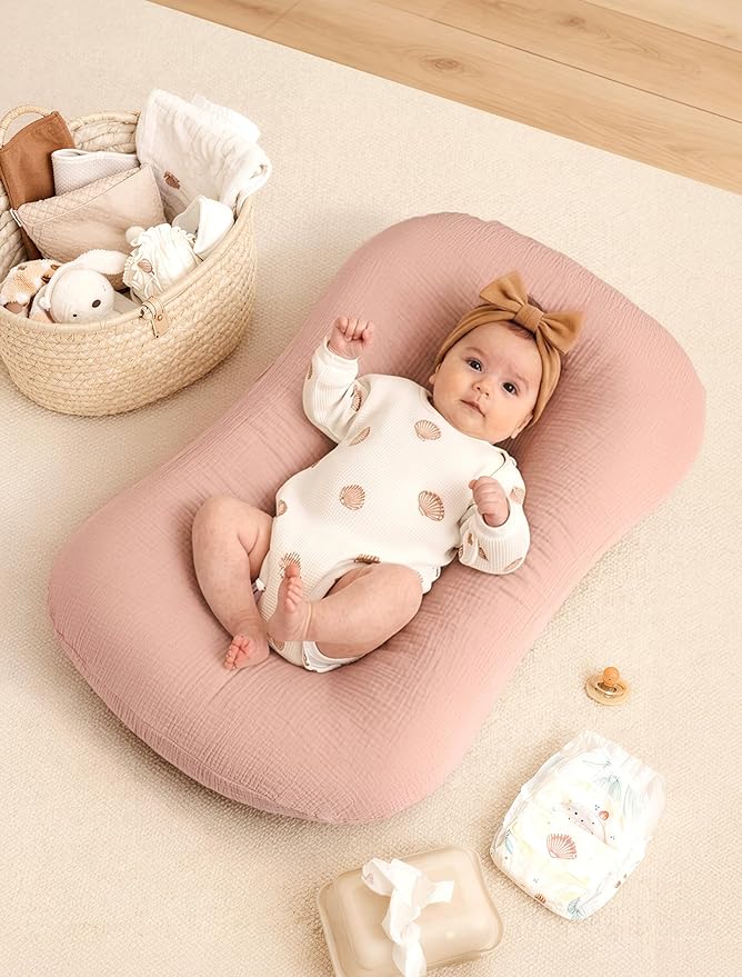 Termichy Baby Lounger Covers Muslin: Soft and Breathable Slipcover for Snuggle Me Lounger - Machine Washable & Zipper-Free for Safe Daily Use - Pink Floral for Girls