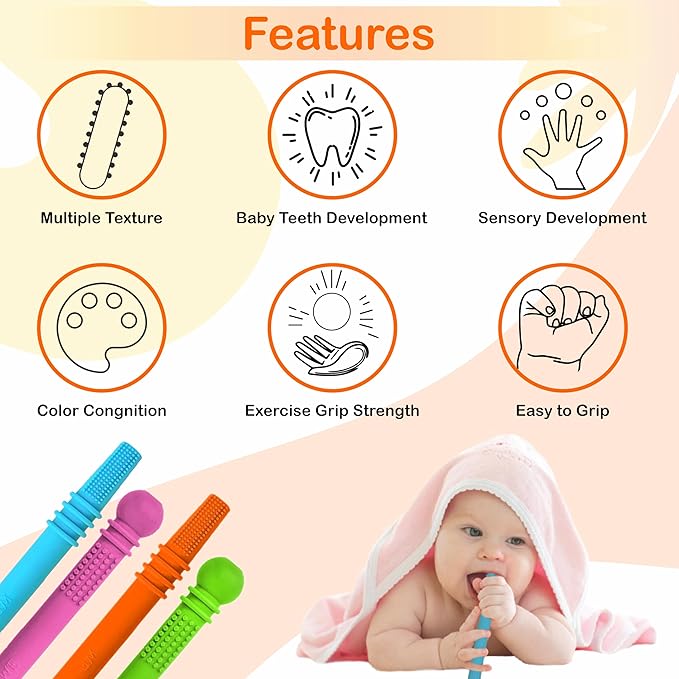 Baby Teether Tubes - Pack of 4 Hollow Teething Sticks with 1 Cleaning Brush & Toothbrush - 100% Food Grade Silicone, BPA Free, and Dishwasher Safe - 4 Vibrant Colors for 6-18 Months Babies