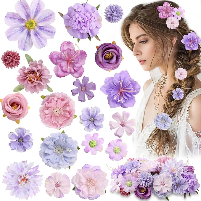 20 Pack Flower Hair Clip Rose Hair Clips Barrettes for Women Flower Accessories Boho Bride Claw Clip Hairpin Brooch Pin Headpiece for Girls Wedding (Purple)