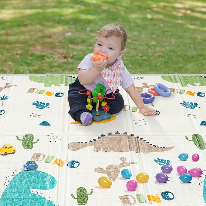 Foldable Baby Play Mat, PIGLOG 50" x 50" Waterproof Playmat for Playyards for Babies, Safe Foam Playmat for Tummy Time, Reversible Playmats, Portable Floor Mat for Infant, Toddler，Yellow Dinosaurs
