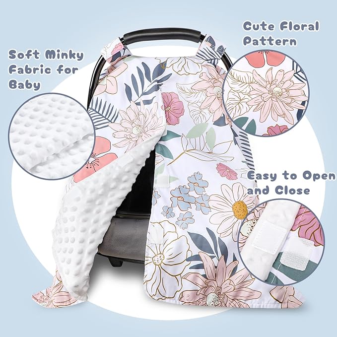Car Seat Cover Baby, Infant Car Seat Canopy Covers for Newborn Girls Boys, Soft Breathable Minky Carseat Covers Stretchy Multi-Use Nursing Cover for Stroller Baby Car Seat, Daisy Flroal