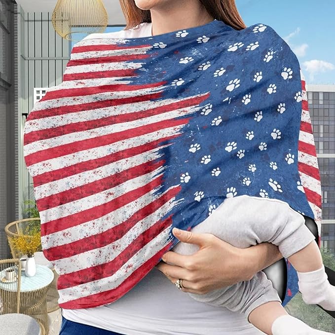Binienty American Flag Baby Car Seat Covers,Dog Paw Print Baby Car Seat Covers Multi-use Carseat Canopy for Girls Boys, Women's Mom's Nursing Cover Breastfeeding Scarf