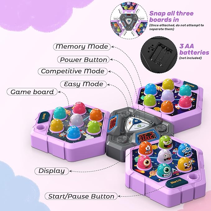 Whack Game Mole, Game 3+ Year Old, 3 Year Old Boy, 4 Year Old Toy, Gift for 3 Year Old, Boys Toys Age 4-6, 3-Players Whack Toy with 3 Modes, 7 Speeds, Light&Sounds, Birthday Gift for Todder(Purple)