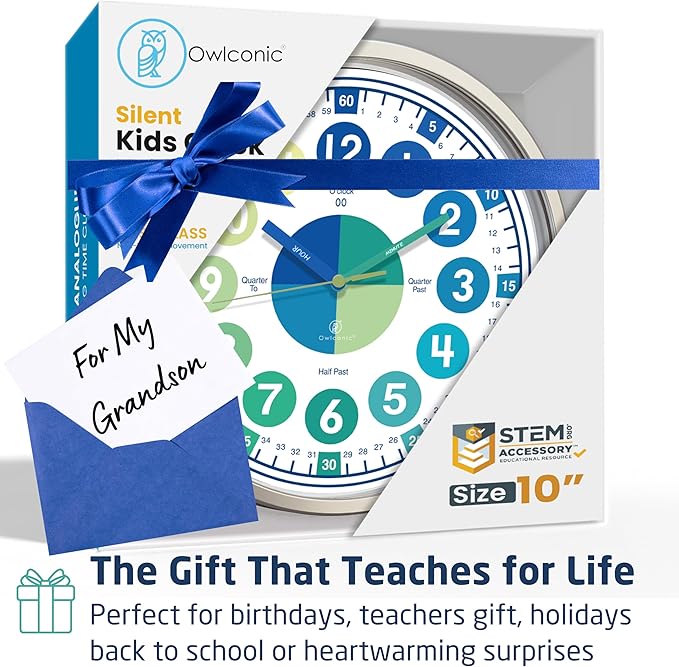 OWLCONIC Clock for Kids – Educational Analog Learning Wall Clock, Non Ticking Teaching Clock for Classroom & Homeschool, Silent Kids Bedroom Décor Blue Green