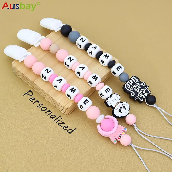 Personalized Pacifier Clip with Name, Custom Animal Pacifier Clip for Baby, Personalized Silicone Pacifier Holder - Boy and Girl Gift (Pink)