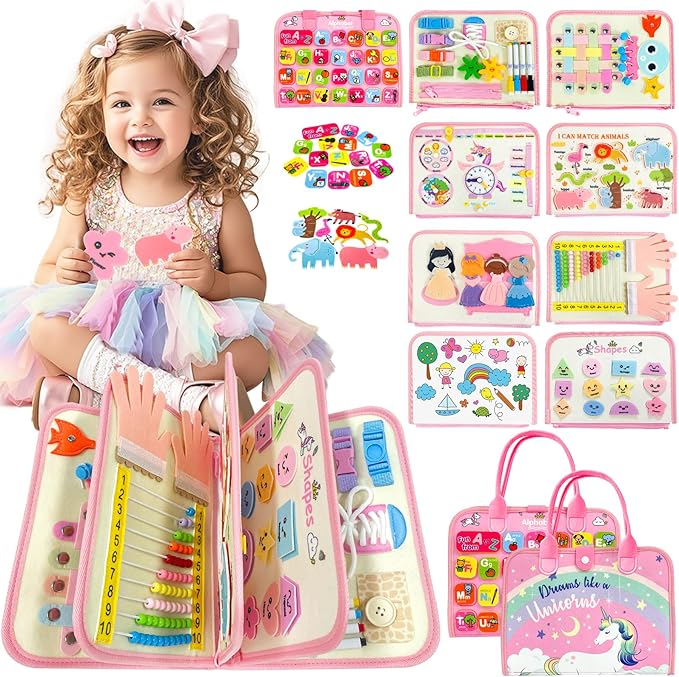 Aurasys Toddler Busy Board Montessori Toys for Girl Birthday Gift,Educational Learning Sensory Busy Book, Airplane Car Travel Activities Toy for Girl(Pink)