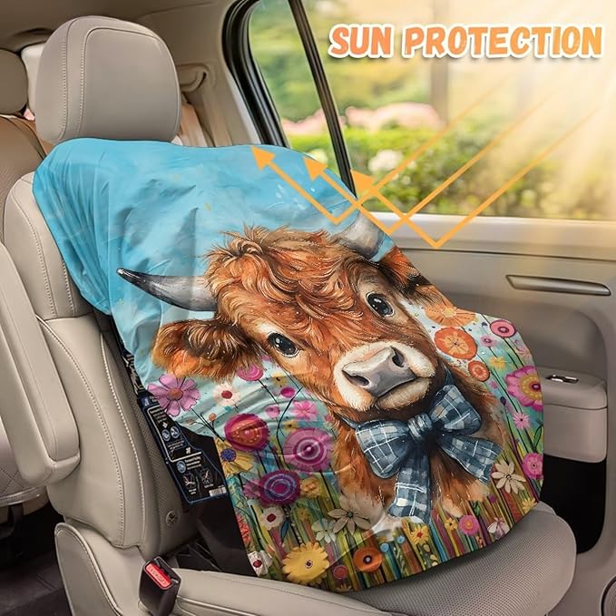 XYZCANDO Highland Cow Toddler Car Seat Cover Fashion Car Seat Sun Protection Easy to Install Car Seat Covers for Babies Girl Dustproof Baby Car Seat Shade Cover Car Decor Gift for Wife