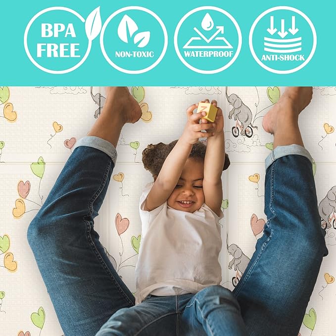 JumpOff Jo Foldable Foam Play Mat – Large Waterproof Baby & Toddler Activity Floor Mat, Double-Sided 70 x 59 Inch Play Surface