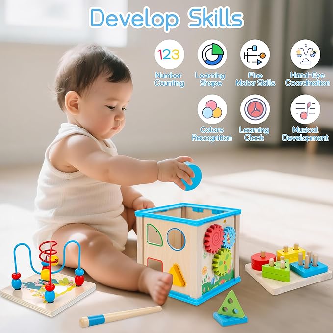 WOODMAM Wooden 7-in-1 Activity Cube, Montessori Toys for 1 Year Old Toddlers, Baby Educational Developmental Toys, One Year Old Boys Girls First Birthday Gifts with Bonus Sorting & Stacking Board