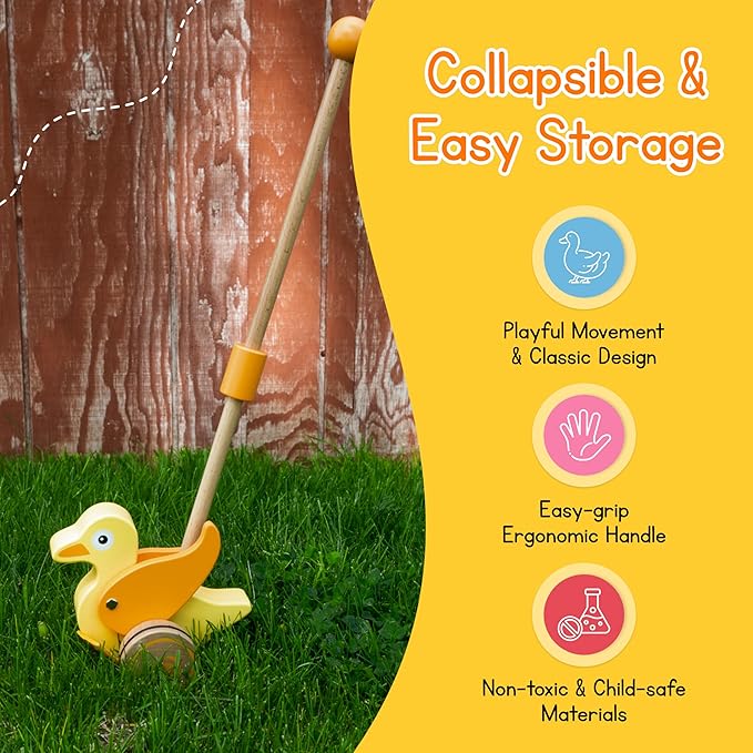 Wooden Duck Push Toy by Jack Rabbit Creations- Classic Toddler Push Toy for Early Walking, Balance and Motor Skills Development- Collapsible & Eco-Friendly- Boys & Girls Ages 1+
