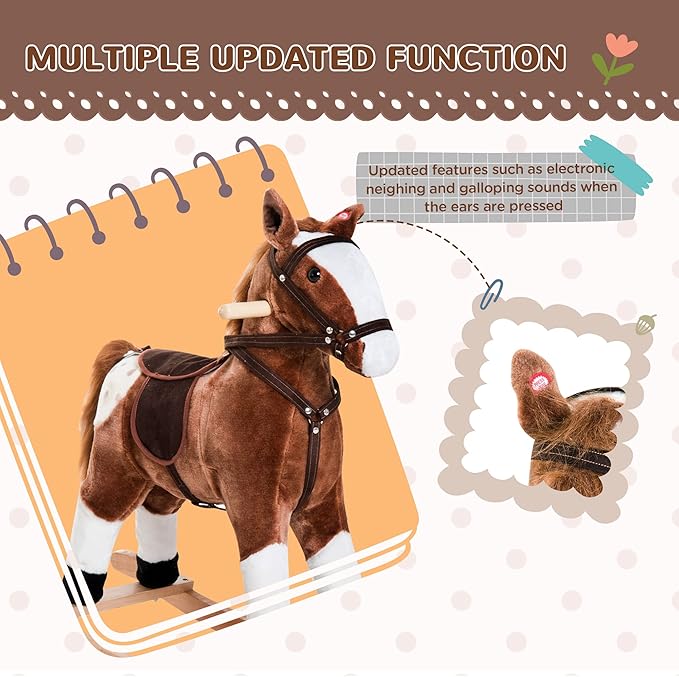 Qaba Kids Rocking Horse Plush Ride On Toy Toddler Rocker for Boys Girls Gifts with Realistic Sounds, Brown