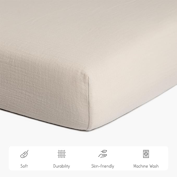 Meracorallo Muslin Mini Crib Sheet, Pack n Play Fitted Sheet, Soft and Breathable Pack and Play Playard Mattress Sheet for Baby Boys and Girls, Beige